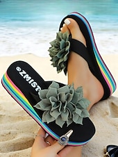 voordelige Slide Sandalen-Regenboog platform slippers voor dames met grote roze bloem, kleurrijke strandsandalen voor vakantie, tieners en jongvolwassenen, zomerse casual stijl