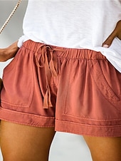 ieftine Bermude-Pentru femei Pantaloni inspirați din in Pantaloni Scurți Pantaloni Modă Șic Stradă Scurt Natural Simplu Buzunar Design Elastic cu Cordon Confortabil Exterior În aer liber Stradă Roșu Claret Azuriu