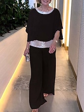 abordables Ensembles chemisiers pour femmes-Ensembles de pantalons de mode 2 pièces pour femmes vêtements de rue quotidiens manches 3/4 col rond couleur unie sequins patchwork décontracté quotidien noir blanc rose été coupe régulière