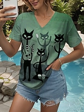 abordables T-shirt Animaux-Femmes T-shirt Graphique Animal Chat ancien Élégant Classique Manche Courte Col en V Hauts Réguliers Quotidien Imprimé Rose poussiéreuse Marron clair Bleu Violet Vert Été Printemps