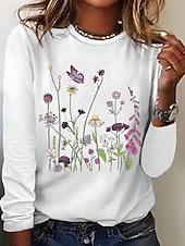 billige Blomster t-skjorte-Dame T skjorte Blomstret Grafisk Planter Elegant Årgang Stilfull Langermet Crew-hals Rund hals Vanlige topper Daglig Trykt mønster Svart Hvit Vår Høst