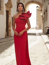 billiga RÖD-Röd Svart Kolonn Kvällsklänning Elegant Klänning Formell Bröllops Gäst Golvlängd Ärmlös En Axlad Avtagbar Stretch Crepe med Sjal