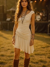 preiswerte Einfaches Kleid-Damen Boho Kleid Western Kleid Vintage Mini Kleid A-Linien Kleid Off-The-Shoulder Kleid Lässig Outdoor Ausgehen Maßgeschneiderte Passform Unifarbene Ärmellos Ein Schulter Aprikose Sommer Frühling
