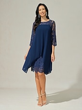 abordables Robe Simple-robe d&#039;invitée de mariage pour femme robe unie robe midi dentelle mousseline patchwork décontracté col rond manches 3/4 robes de cocktail robes formelles couleur bleue