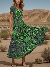 tanie Sukienki boho-Damskie Sukienka maxi Codzienne sukienki Sukienka A line Letnie sukienki Urlop Zabytkowe Etniczne Regularny Graficzny Geometryczny Boho Paisley Damask Krótki rękaw Kwadratowy dekolt Żółty Niebieski
