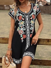 ieftine Rochii florale-Pentru femei Rochie Mini Rochii Tricou Rochie de Vară Rochie de vară Vacanță Casual Boho Zilnic Ieșire Fit regulat Floral Grafic Manșon scurt În V Negru Roșu Vin Albastru piscină Maro Vară