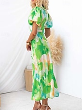 abordables Robes Floraux Imprimés-Femmes Robe Midi Robe Fleurie Robe bohème Robe Imprimée Mode Moderne Vacances Fête Sortir Coupe régulière Fleur Manche Courte Col en V Bleu Vert Été