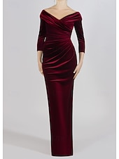 preiswerte ROT-Sammet Meerjungfrau  Trompete Abendkleid Elegantes Kleid Formelle Hochzeit Bodenlang 3/4 Länge Ärmel Off-Shoulder Porträtkragen mit gerafften