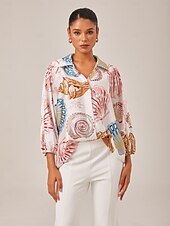 お買い得  ブラウス＆シャツ-シェルプリントのリラックスフィットオーバーヘッドVネックブラウス