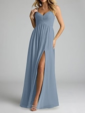 baratos Vestidos para Madrinhas-Vestido de dama de honra em corte A, decote em V / alças finas, sem mangas, elegante, longo, chiffon com pregas / frente aberta / franzido 2025