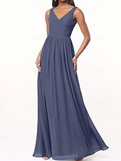 baratos Vestidos para Madrinhas-Vestido de Dama de Honra A-Line Decote V Sem Mangas Elegante Comprimento Total Chiffon com Plissado  Franzido