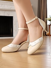 tanie Lata 50. XX wieku-damskie kremowe buty na obcasie typu Mary Jane z lat 50. – falbaniaste buty z paskiem wokół kostki na przyjęcia herbaciane, wesela i codzienną elegancję