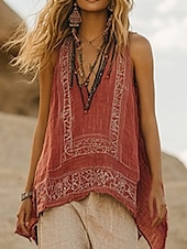 economico Camicie-Per donna Camicie di cotone e lino Camicia Boho Set ispirati al lino Blusa Fiore Moderno Boho Senza Maniche Scollo a V Top Regolari Quotidiano Ferie Stampato Arancione Estate