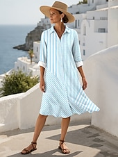 abordables Robe Rayée et Géométrique-Femmes Robe Midi Robe fourreau Occasionnel Date Coupe régulière Graphique Rayé manche longue Col de chemise Rose Claire Bleu Violet Vert Été Automne