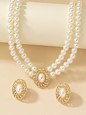 ieftine Colier de damă-Set colier și cercei vintage pentru femei, cu perle – bijuterii elegante din mărgele duble și accente ovale aurii pentru doamne, ideale pentru nunți, petreceri și ocazii formale