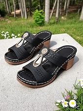 billige Uformelle sandaler-damesandaler med grov hæl – hult strass-design, retrospennedekor, komfortabel såle, for turer utendørs, hage og uformelle sommerantrekk