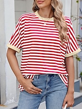 abordables T-shirt rayé et géométrique-Femmes T-shirt Rayé Mode Élégant Moderne Manche Courte Col ras du cou Hauts Réguliers Quotidien Week-end Imprimé Noir Rouge Bleu Vert Été