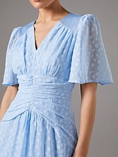 baratos Comprimento do chão-Vestido de mãe da noiva em linha A com bolinhas queimadas azul-celeste, elegante e simples, para convidada de casamento, decote em V, comprimento até o chão, renda de chiffon, manga curta com franzido