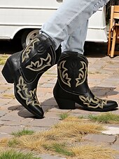 levne Cowboy &amp; Western Boots-Dámské tyrkysové kovbojské boty z umělé kůže, westernové, s vyšívanou špičatou špičkou, do poloviny lýtek, vhodné pro outfity ve venkovském stylu, rodea a venkovní akce.