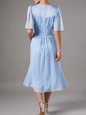 baratos Comprimento do chão-Vestido de mãe da noiva em linha A com bolinhas queimadas azul-celeste, elegante e simples, para convidada de casamento, decote em V, comprimento até o chão, renda de chiffon, manga curta com franzido