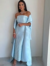 cheap BLUE-Sky Blue Beaded Gown Cape Dress Sheath / Column Evening Gown Elegant Dress Semi Formal Wedding Wedding Guest Dress Floor Length Sleeveless Strapless Satin
