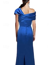 abordables Robes de cocktail-Robe de Soirée Fourreau  Colonne Élégante Robe Formelle Mariage Longueur de Sol Manches Courtes Épaule Dénudée Satin avec Nœud(s)
