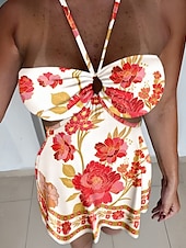 ieftine Rochii Boho-Pentru femei Rochie Mini Rochie florala Rochie de vară Rochie cu decolteu Rochie imprimata Clasic Modern În aer liber Vacanță Concediu Fit regulat Floare Fără manșon Gâtul halter Alb Galben Roșu Vin