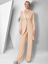 cheap Mom&#039;s Pant Suits-Pantsuit 3 Piece Mother of the Bride  Elegant V Neck Floor Length Stretch Fabric Long Sleeve Wrap Included with Solid Color 2025