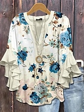 economico Top Boho da Donna-Blusa retro da donna con maniche a strati e arricciate top floreale grafico vintage Bohemia quotidiano maniche a 3/4 scollatura a V top regolari abbigliamento quotidiano per le vacanze stampa bianca