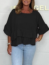billige Kvinne Enkle Topper-Dame Bluse Helfarge Stilfull Fritid 3/4 ermer Crew-hals Vanlige topper Daglig Drapering Svart Hvit Rosa Grønn Sommer Vår