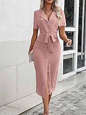 preiswerte Einfaches Kleid-Damen Midikleid Hemdblusenkleid Mode Modern Urlaub Ausgehen Wochenende Normale Passform Einfach Kurzarm Hemdkragen Schwarz Rosa Blau Khaki Sommer
