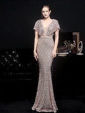 billige Semi-formell / Cocktail-Mermaid  trumpet quinceanera kjoler elegant kjole formell bryllup gulvlengde kortermet V-hals paljett med paljett