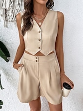 preiswerte Kurze Sets für Damen-Damen 2 Teile Fashion Streetwear Daily Weste Shorts Sets Ärmellos V-Ausschnitt Einfarbig Lässig Daily Khaki Sommer Reguläre Passform