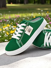 economico Sneakers da donna-Sneakers slip-on da donna in tela verde con lacci – comode scarpe da ginnastica senza schienale, ideali per passeggiate, shopping, corse a scuola e giornate estive informali