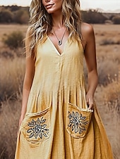 tanie Sukienki boho-Damskie Długa sukienka sukienka maxi Codzienne sukienki Sukienka rozkloszowana Letnie sukienki Sukienka Boho Zabytkowe Urlop Codzienny Święto Regularny Kwiaty Bez rękawów W serek Żółty Lato