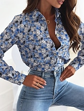 preiswerte Boho Tops-Damen Hemd Boho-Hemd Bluse Blume Modern Boho Langarm Hemdkragen Normale Oberteile Ferien Ausgehen Druck Weiß Königsblau Blau Braun Khaki Sommer