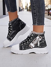 preiswerte Damen-Sneaker-Damen-Denim-High-Top-Plateau-Sneaker mit Leoparden-Detail – lässige Streetstyle-Schnürschuhe für Teenager und junge Erwachsene