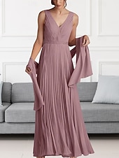 abordables Longueur du plancher-Ligne A Robe de Mère de Mariée  robe demoiselle d honneur Élégant Col en V Longueur au sol Chiffon Sans manches Echarpe incluse avec Perlage Fronces 2025