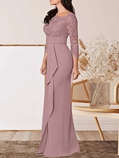 levne Délka podlahy-Sloupec  Sloupové šaty matky nevěsty Svatební Host Elegantní Čtvercový Krk Délka Podlahy Chiffon Krajka 3/4 Dlouhý Rukáv s Krajkovým Páskem  Stuhou Krepováním