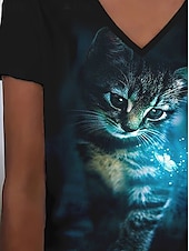 billige Dyrene tee-Dame T skjorte Sommertopper Grafisk Katt Klassisk Fritid Kortermet V-hals Crop Tops Daglig Helg Trykt mønster Regnbue Sommer Vår Høst