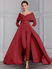 voordelige Mama&amp;#39;s jumpsuits-Twee-delige Jumpsuit Moeder van de Bruid Formele Bruiloft Gast Elegante Feest Scoop Hals Off Schouder Enkele Lengte Rekbare Stof 3/4 Lange Mouw met Ceintuur  Riem 2025