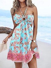 ieftine Rochii Boho-Pentru femei Rochie Mini Rochie florala Rochie de vară Rochie cu decolteu Rochie imprimata Clasic Modern În aer liber Vacanță Concediu Fit regulat Floare Fără manșon Gâtul halter Alb Galben Roșu Vin