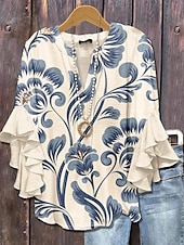 economico Top Floreali-Blusa da donna con maniche a strati e arricciate top floreale grafico vintage Bohemia quotidiano maniche a 3/4 scollatura a V top regolari abbigliamento quotidiano per le vacanze stampa rosa rossa