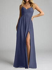 baratos Vestidos para Madrinhas-Vestido de dama de honra em corte A, decote em V / alças finas, sem mangas, elegante, longo, chiffon com pregas / frente aberta / franzido 2025
