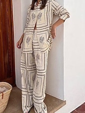 abordables Ensembles-Femmes Mode Streetwear Chemises en coton et lin Ensembles en coton et lin Ensembles de Pantalons Manche Courte Col de chemise Géométrique Imprimé Tenue quotidienne Date Beige Été Coupe régulière
