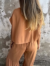 cheap Sets-Women&#039;s Active Basic Cotton Linen Sets Short Sleeve Crew Neck Solid Color Ruffle Casual Daily Black Army Green Orange Summer Regular Fit