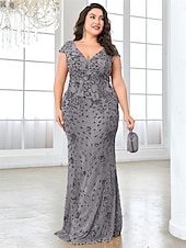 cheap BLUE-Mermaid / Trumpet Plus Size Dresses Elegant Curve Dress Formal Wedding Floor Length Short Sleeve V Neck Lace Backless with Sequin