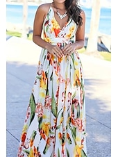 preiswerte Lässige Blumenkleider-Damen Midikleid Blumenkleid Mode Sommerkleid Normale Passform Grafik Ärmellos V Ausschnitt Schwarz Weiß Gelb Sommer
