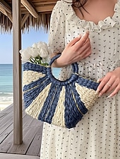 abordables Cabas et fourre-tout-Sac de plage élégant en paille tressée pour femme avec poignées circulaires, grande capacité, design bohème écologique, parfait pour l&#039;été, les vacances et les excursions d&#039;une journée