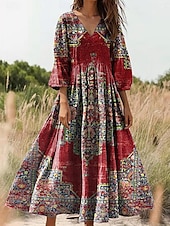 billige Boho-kjoler-Dame Maxikjole Solkjole Kjole med A-linje Plissert kjole Ferie Fritid Bohem Ut på byen Standard passform Blomstret Grafisk Paisly 3/4 ermer V-hals Rosa Rød Blå Oransje Sommer Vår